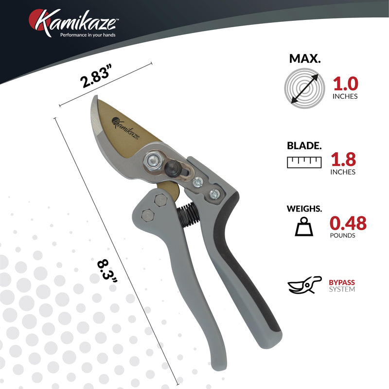 KAMIKAZE Heavy-Duty Professional Pruning Shears for Gardening, Ergonomic Comfort Handle, SK5 High-Carbon Steel Bypass Blade, Cuts Branches Up to 1 Inch, Garden Clippers for Tree and Shrub Trimming Grey