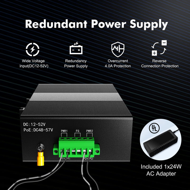 MokerLink 8 Port Gigabit Industrial DIN-Rail Ethernet Switch, 16Gbps Switching Capacity, IP40 Rated Network Switch (-40 to 185°F), with UL Power Supply 8 Gigabit