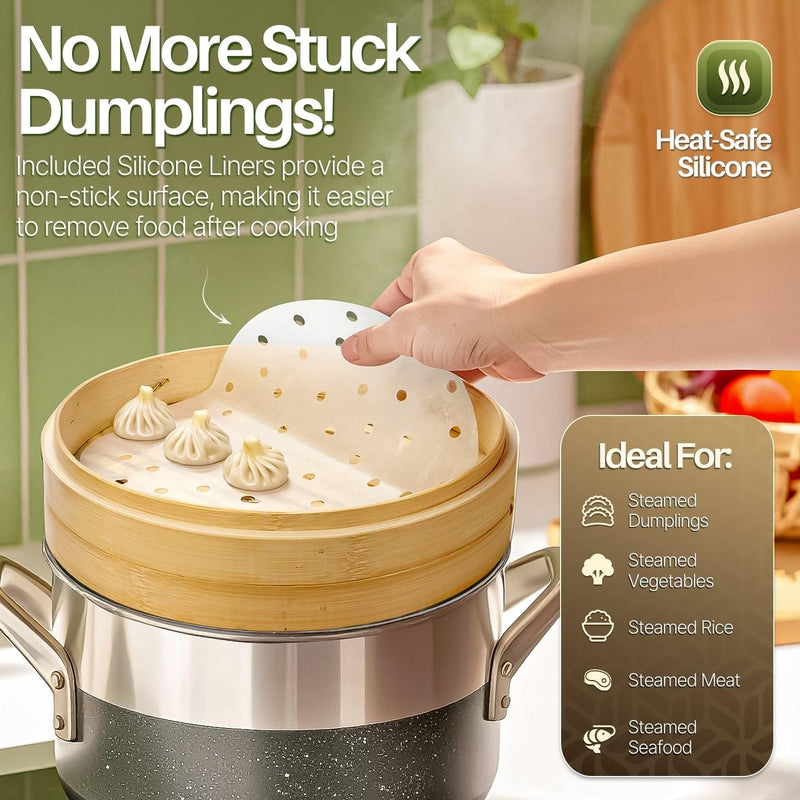 Flexzion Bamboo Steamer Basket Set (8 inch), 50 x Steamer Liners and 2 Pairs of Chopsticks, Steam Baskets for DimSum Dumplings, Rice, Vegetables, Fish and Meat 8 Inch