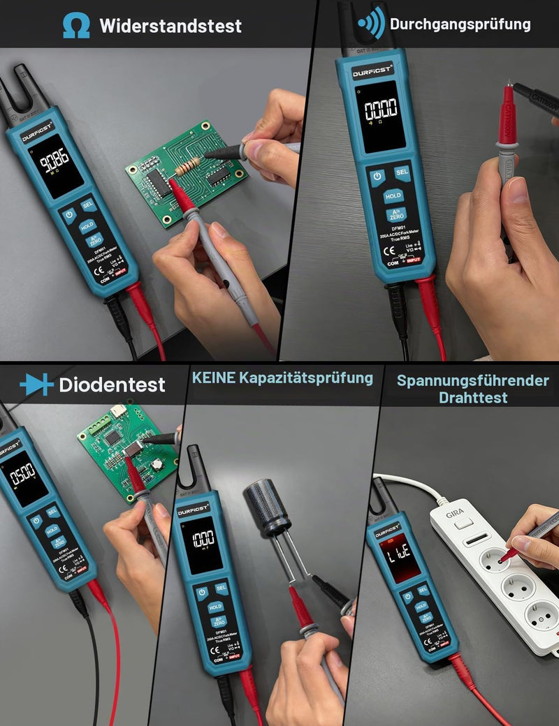 DURFICST Current Clamp TRMS 4000 Counts, Current Meter with 200 A AC/DC & 600 V | Digital clamp ammeter with NCV, capacity measurement, continuity test, temperature measurement