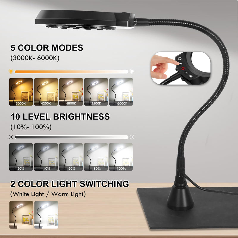 Helping Hands NEWACALOX Magnetic Magnifying Lamp, 5 Color Modes, 5X Magnifying Glass, Flexible Gooseneck, Soldering Helping Hands Base Station Black