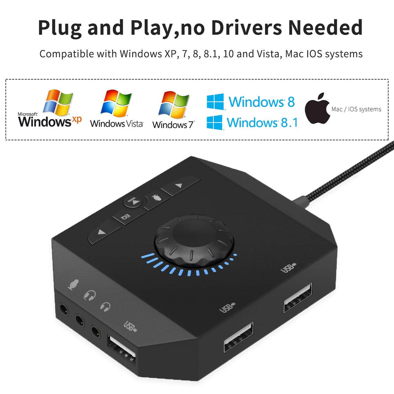 Tendak USB Hub with Audio Adapter, External Sound Card with 3.5mm Headphone Microphone Jack and Volume Control 3 Port USB Hub for Laptop PC HDD Disk