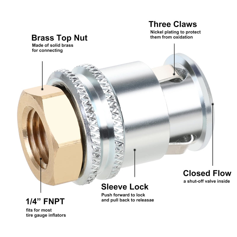 Hromee Lock On Air Chuck, Heavy Duty Closed Flow Tire Chuck, 1/4" FNPT for Tire Inflator and Standard Bore Valve Stem Quick Connector