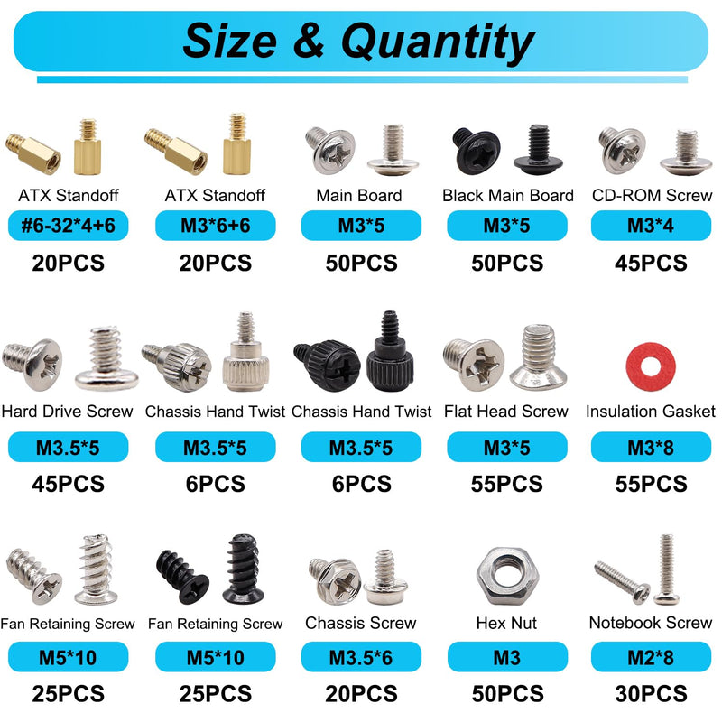 502PCS Computer Screws Assortment Kit, Motherboard Standoffs Screws for PC Fan, PC Case, HDD Hard Drive, ATX Case, Laptop, SSD, CD-ROM, Used for DIY Installation & Repair of Computer Parts