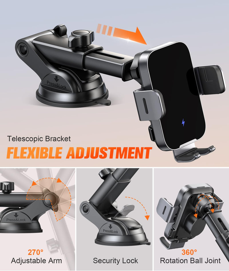 Wireless Car Charger Mount Auto Clamping, 15W Fast Charging Car Phone Holder Charger for Dash Windshield Vent Compatible with iPhone 15 14 13 12 Pro Max, Samsung Galaxy S24+ S23 Ultra S22 S21+