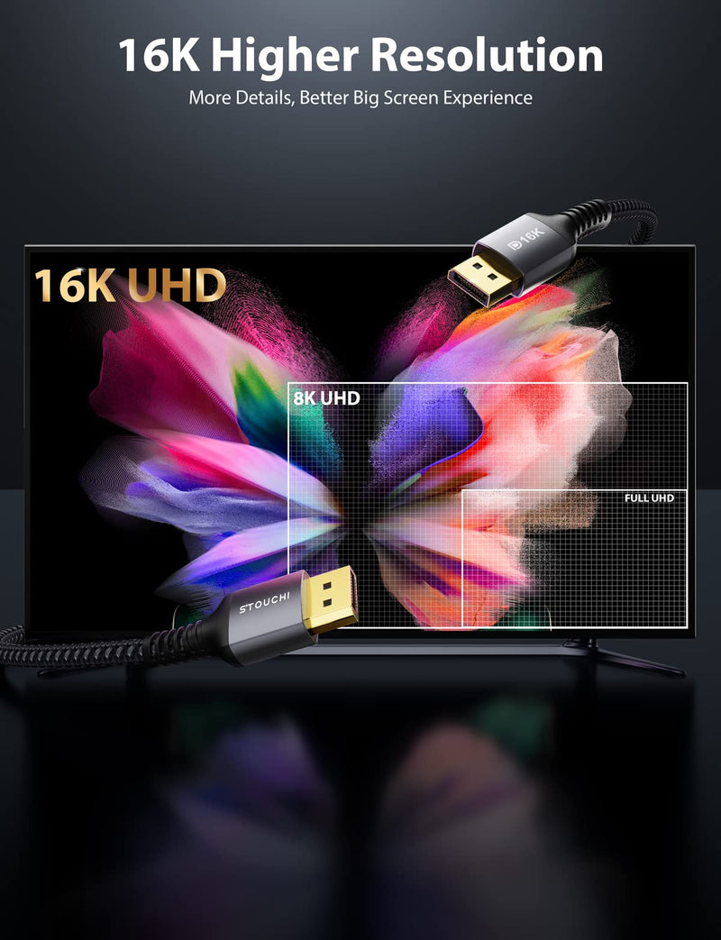 Stouchi DisplayPort Cable 2.1, 16K DisplayPort Cable 4FT/1.2M 80Gbps 16K@60Hz, 10K@60Hz, 8K@60Hz HBR3 4K@60Hz/144Hz 5K@60Hz 1080P@240Hz Support FreeSync G-Sync HDR10 for Gaming Monitor Graphics Card 4 FT 16K-Grey 1