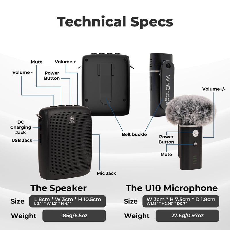 WinBridge WB006 Upgraded Wireless Voice Amplifier – Bluetooth Lapel Microphone with Speaker, Windproof Foam Compact & Portable, Clip-On Mic, Mini Megaphone for Teachers Presenters, Tour Guides WB006N_1