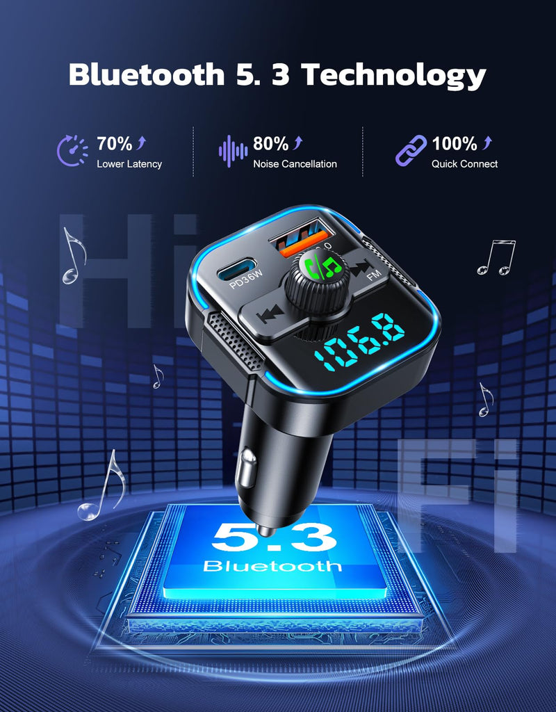 2024 Upgrade Bluetooth 5.3 Car Adapter【PD 36W+QC3.0 18W】, 2-in-1 FM Transmitter 【Dual Stronger Mics】& Fast Car Charger, Wireless Car Radio Adapter Hands-Free Car Kit, Siri Assistant Player