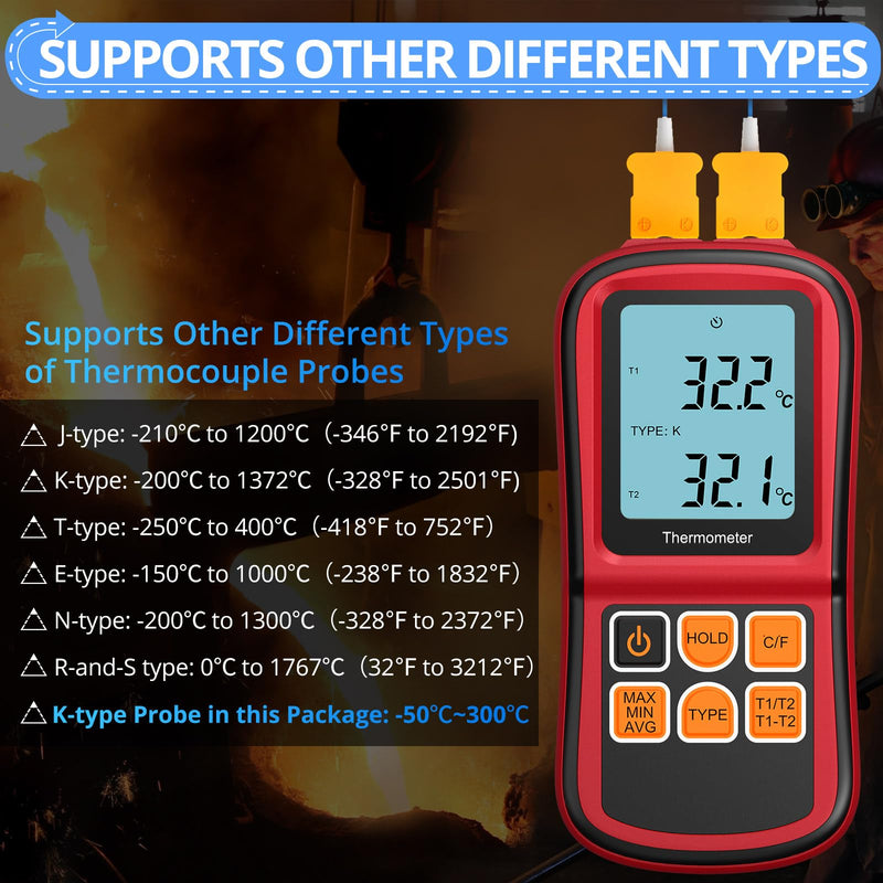 Dual digital thermometer, CAMWAY temperature meter with 2 channels K-type & LCD display backlight, thermocouple sensor probe temperature measuring device for thermocouple types K/J/T/E/R/S/N