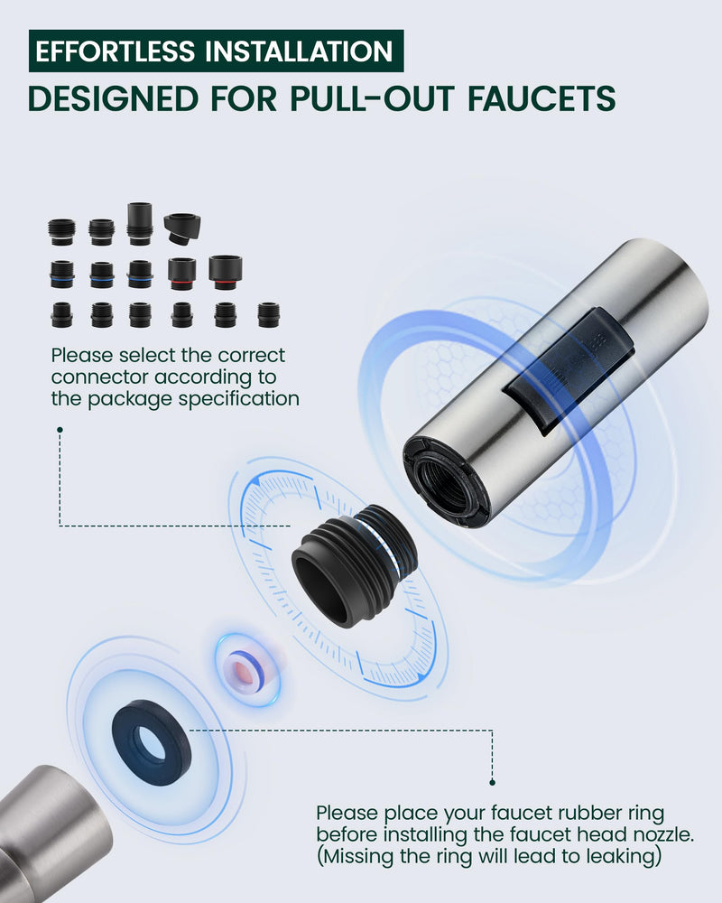 Metal Kitchen Faucet Head Replacement, 2-Mode Pull Down Kitchen Faucet Spray Head with 15 Adapters, High Pressure Sink Sprayer Nozzle Stainless Steel, Brushed Nickel