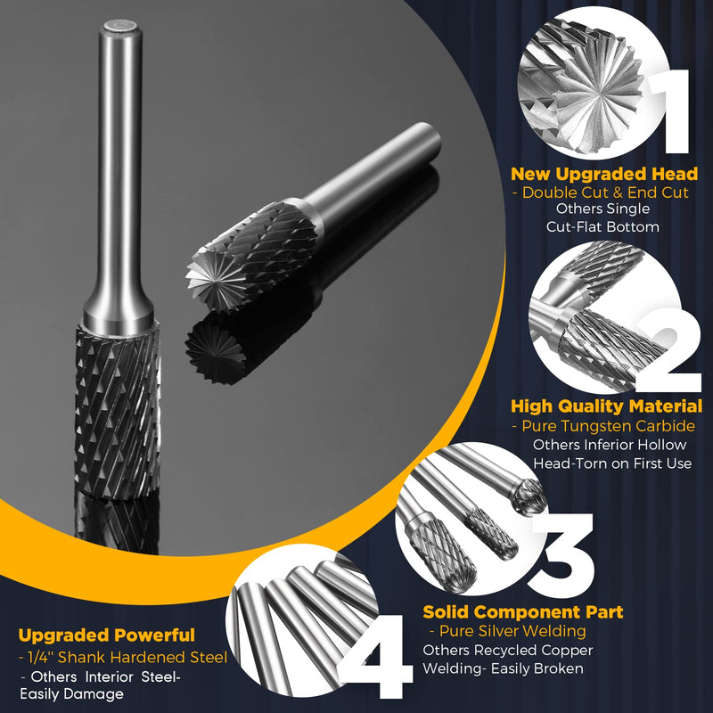 Carbide Burr Set, 8Pcs Double Cut Tungsten Carbide Rotary Burr set, 1/4 inch Shank Die Grinder Bits, Carbide Rotary File for Metal Wood Carving, Engraving, Polishing,Drilling