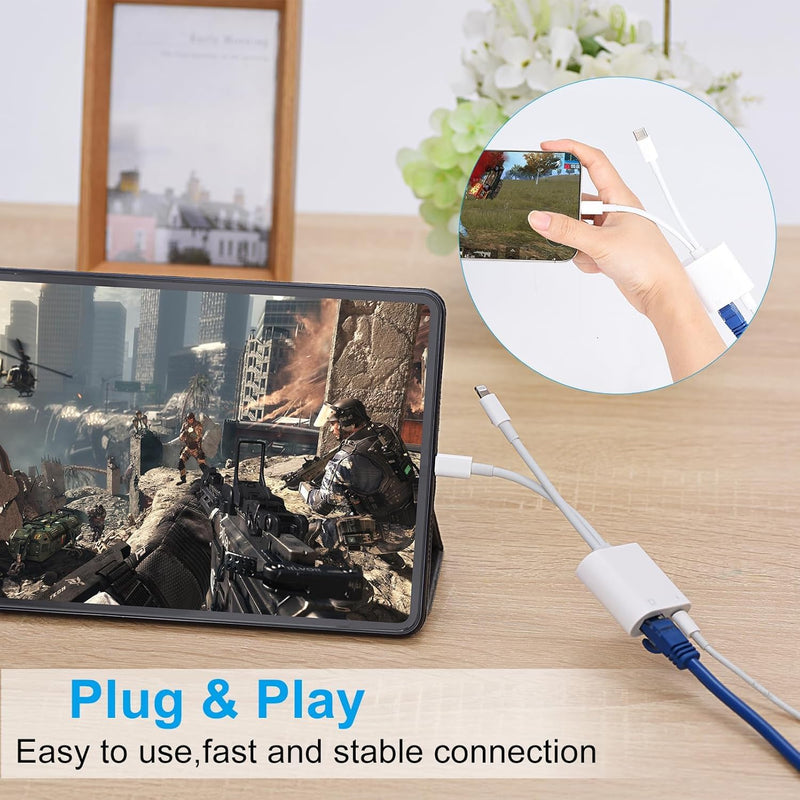 Lightning and USB C to Ethernet Adapter,2 in 1 RJ45 Ethernet LAN Network Adapter with Charge Port Compatible with iPhone/iPad/iPod/Samsung and More,Supports 100Mbps Plug and Play USB-C + Lightning