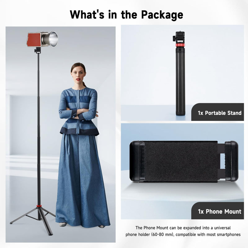 Durable Aluminum Tripod, 81" Adjustable Light Stand & Camera/Phone Tripod with Phone Mount, 1/4" Screw for DSLR, Smartphone, Video Lights - Photography, Vlogging, Live Streaming and Travel