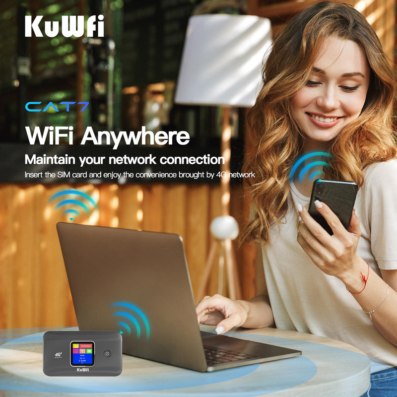 KuWFi 4G+ CAT7 Unlocked 4G LTE Mobile WiFi Hotspot, 300Mbps High-Speed Travel Router with SIM Card Slot for RV/Camping/Trips, Works with T-Mobile AT&T