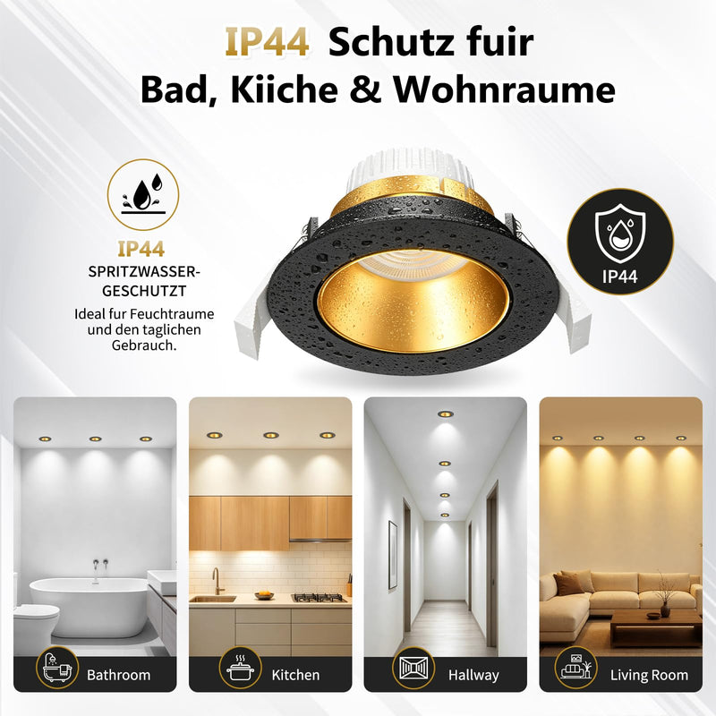 YindaLux 6x LED Recessed Spotlights 230 V Dimmable 5 W Black Gold Hole 75-80 mm | 550LM, 3CCT 3000K/4000K/6500K, 38°/120° beam angle, 45° swivel, IP44, removable LED module, deep reflector shell 6 pieces-38°/120° beam angle