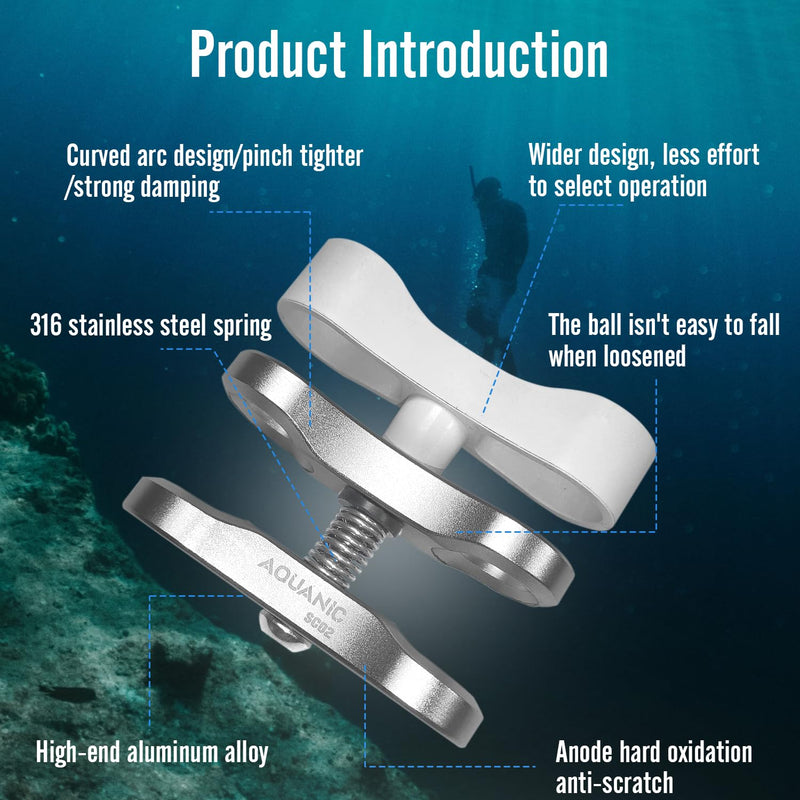 2PCS 1'' Standard Ball Clamp Mount,360°Clip Adapter Bracket for Underwater Diving Light Arm Tray System Photography Diving Camera Action Camera Flashlight Arms System,Silvery and White