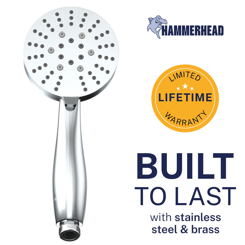 HammerHead Showers® Solid Metal 3-Spray Hand Held Shower Head, Chrome | Select from Wide, Massage, and Mist Sprays | 2.5 GPM High Flow Handheld Showerhead | Made from 304 Stainless Steel