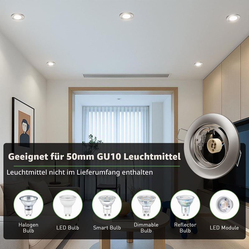 ALUSSO Set of 10 Metal Recessed Spotlights GU10 Frame 68 mm Mounting Frame 230 V | inkl. GU10 Fassung, 30° Schwenkbar, Abnehmbar Einbauspots Decken Spots Badezimmer für LED oder Halogen Leuchtmittel, Nickel Brushed Nickel