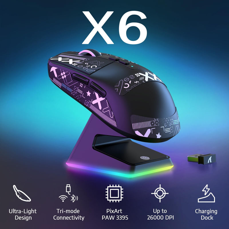 ATTACK SAHRK X6 Wireless Gaming Mouse,49g Ultralight RGB Magnetic Charging Base,Tri-Mode 2.4G/BT5.2/Wired,PAW3395 Sensor 26KDPI, G502 Programmable Mice for Win/Mac-Black&Tape Mouse&Tape&Base Black&Tape