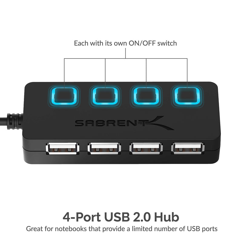 SABRENT 4-Port USB 2.0 Hub with Individual LED lit Power Switches + [6-Pack] 22AWG Premium 3ft Micro USB Cables High Speed USB 2.0 A Male to Micro B Sync and Charge Cables