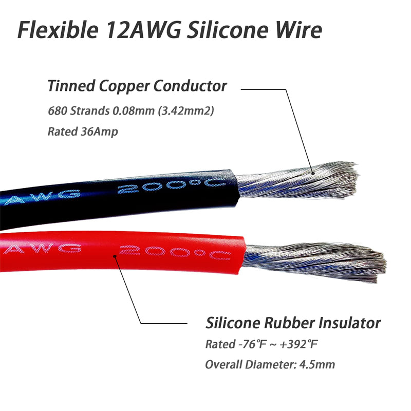 ANAMIA 12 Gauge Stranded Copper Wire 50ft, Flexible 12 AWG Silicone Wire, 200℃ High Temperature 12AWG Automotive Wire (25ft Black + 25ft Red Spools) Red & Black