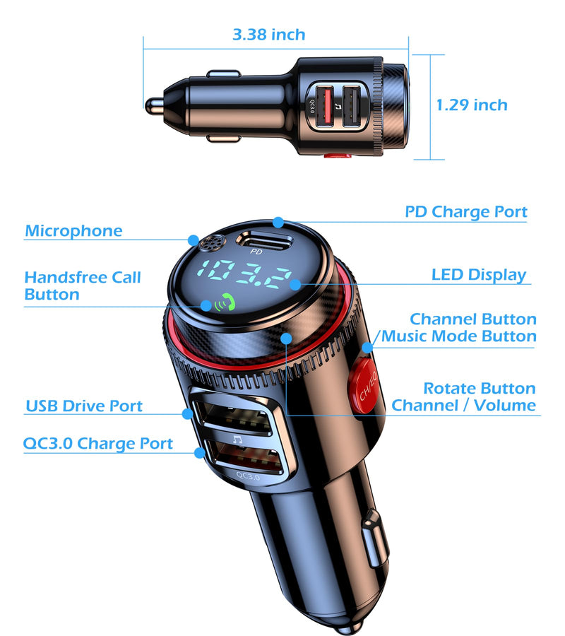 Car Bluetooth Adapter, Wireless FM Transmitter, USB C&QC3.0 Dual Fast Charging, Cigarette Lighter Radio Music, Supports Hands-Free Siri Google Assistant & USB Drive, HiFi Bass Sound