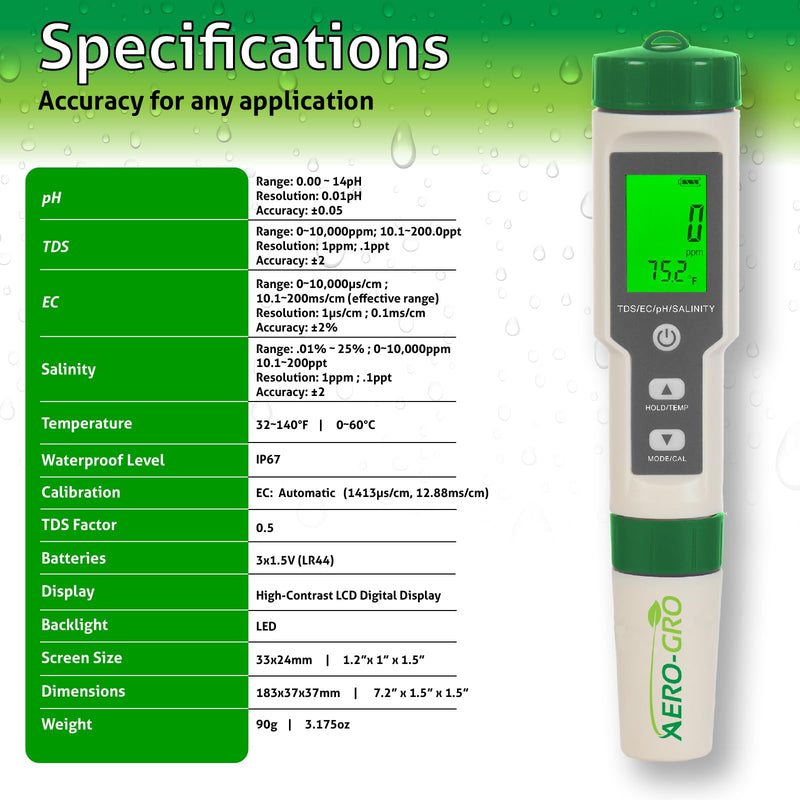 5-in-1 Digital Water Testing Meter | pH, TDS, EC, Salinity & Temperature Tester | Hydroponics, Aquarium, Pool & Drinking Water Quality Monitor