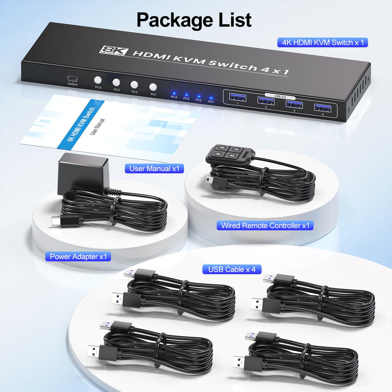 HDMI KVM Switch 1 Monitors 4 Computers, 8K@60Hz 4K@120Hz USB 3.0 4 Port HDMI KVM Switch for 4 PCs Share 1 Set of Keyboard, Mouse and Monitor