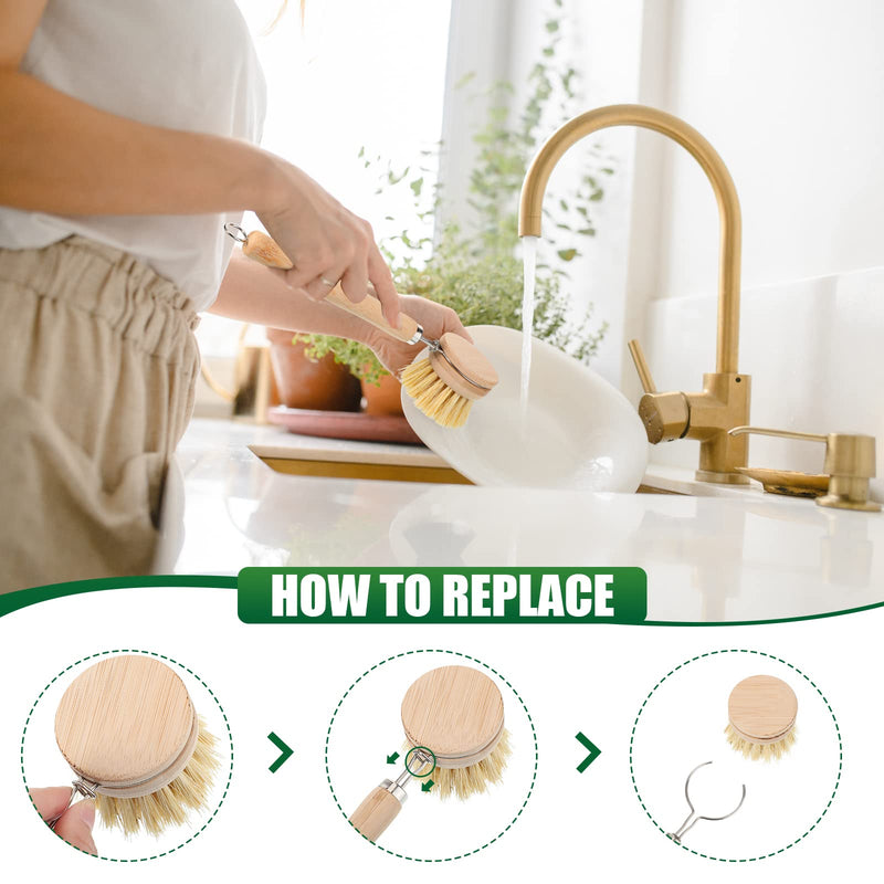 8 Pcs Bamboo Dish Brush Dish Washing Scrub Bottle Brush Wooden Palm Pot Brush Cleaning Scrubbers with Natural Sisal Bristles Long Handle for Pots Pans, Bottle, Sink, Vegetables, Household Cleaning