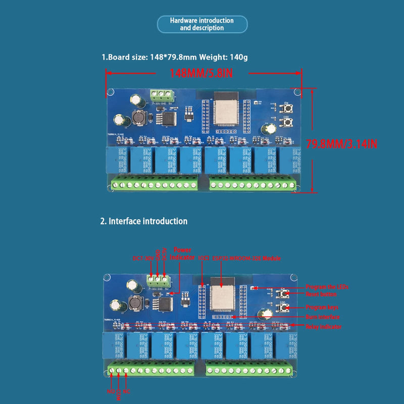 Fafeicy 8 Channel Relay Module, 8 Channel Relay Module, ESP32 WiFi Wireless Control BLE Development Board, ESP32-WROOM-32E DC, Surfboard Prototyping Boards