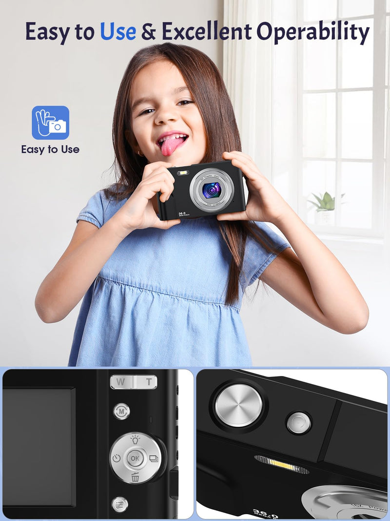Digital Camera, 1080P Kids Digital Camera with 16X Digital Zoom, Flashlight, Compact Digital Point and Shoot Camera for Kids Children Boys Girls Beginners, 2 Batteries, Date Stamp, Black