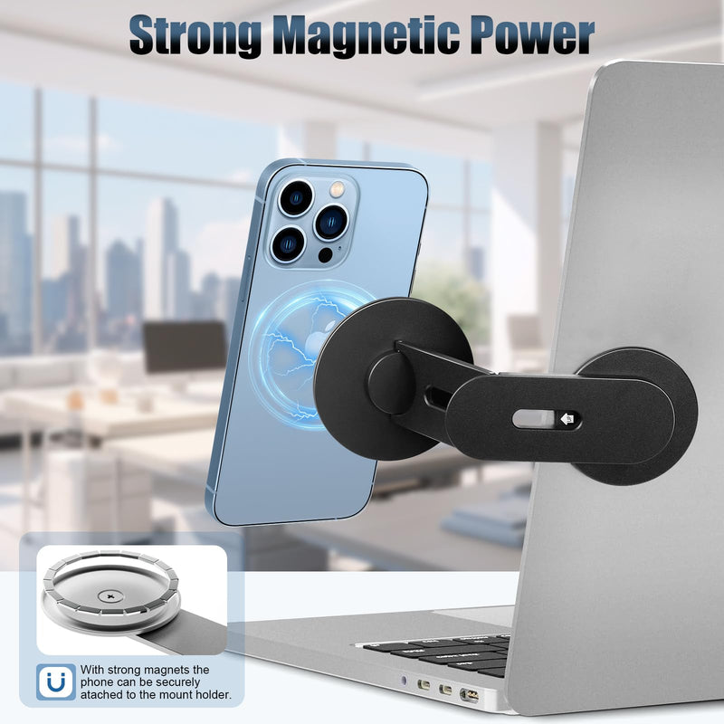 Magnetic Laptop Phone Mount Designed for Magsafe iPhone 16/15/14/13/12 MagSafe Samsung HTC, Adjustable Phone Monitor Side Mount, Slim Portable Foldable Computer Expansion Bracket Black