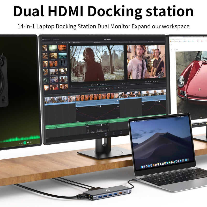 Laptop Docking Station Triple Display – 14-in-1 USB C Hub with Dual 4K HDMI, 1080p VGA, 100W Power Delivery, 10Gbps USB-C/USB-A, Gigabit Ethernet, SD/TF, Audio Mic – For MacBook/HP/Dell/Lenovo/Surface