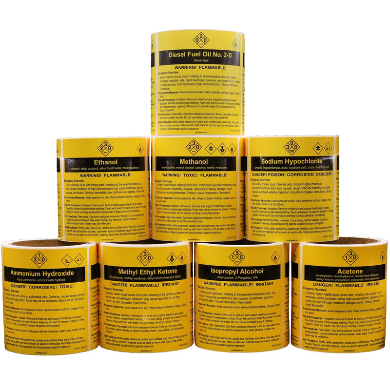 Acetone Chemical Safety Procedure Stickers 4 x 4 Inches, Yellow with Black Text, Emergency Overview, Precautionary Measures, First Aid, Fire, Spill Procedures, Chemical Safety Info, 100-Pack