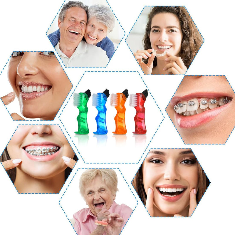 Pack of 4 Portable Denture Cleaning Brushes, Double-Sided Brush, Multi-layer Bristles, Denture Cleaning Brush, Bristles and Ergonomic Rubber Handle, for Denture Care (4 Colors)