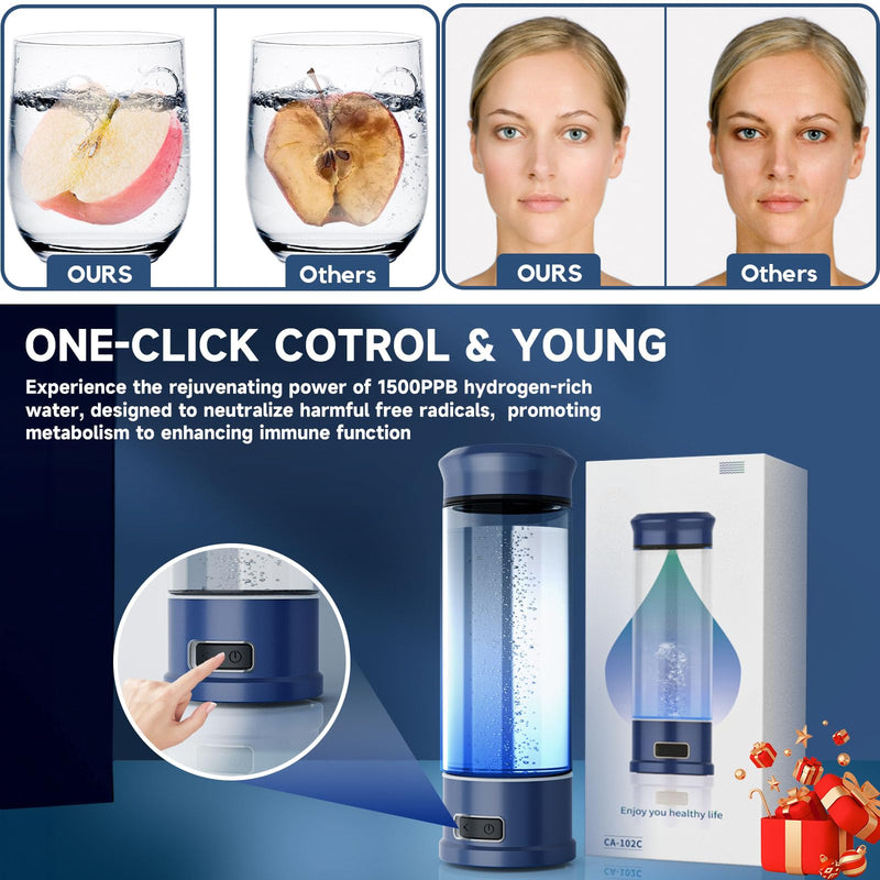 Hydrogen Water Bottle, Hydrogen Water Bottle Generator, 5-Min Electrolysis 1500 PPB Smart Water Ionizer with SPE/PEM Technology, Hydrogen Water Machine for Women Men Office School Bike Running,CA-102C Blue