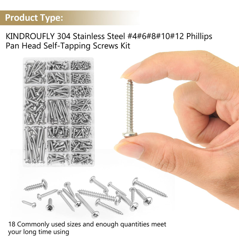 542 Pieces #4#6#8#10#12 Phillips Pan Head Self-Tapping Screws, Wood Screws Assortment Kit, 304 Stainless Steel