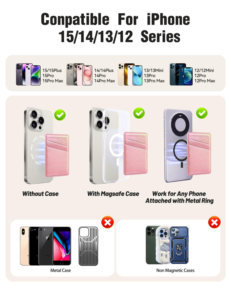 Senose Leather Mag-Safe Wallet Phone Card Holder for Back of Phone, Magnetic Wallet for Phone Compatible for iPhone 15/14/13/12 Mini/Plus/Pro/Pro Max (Pink) Pink