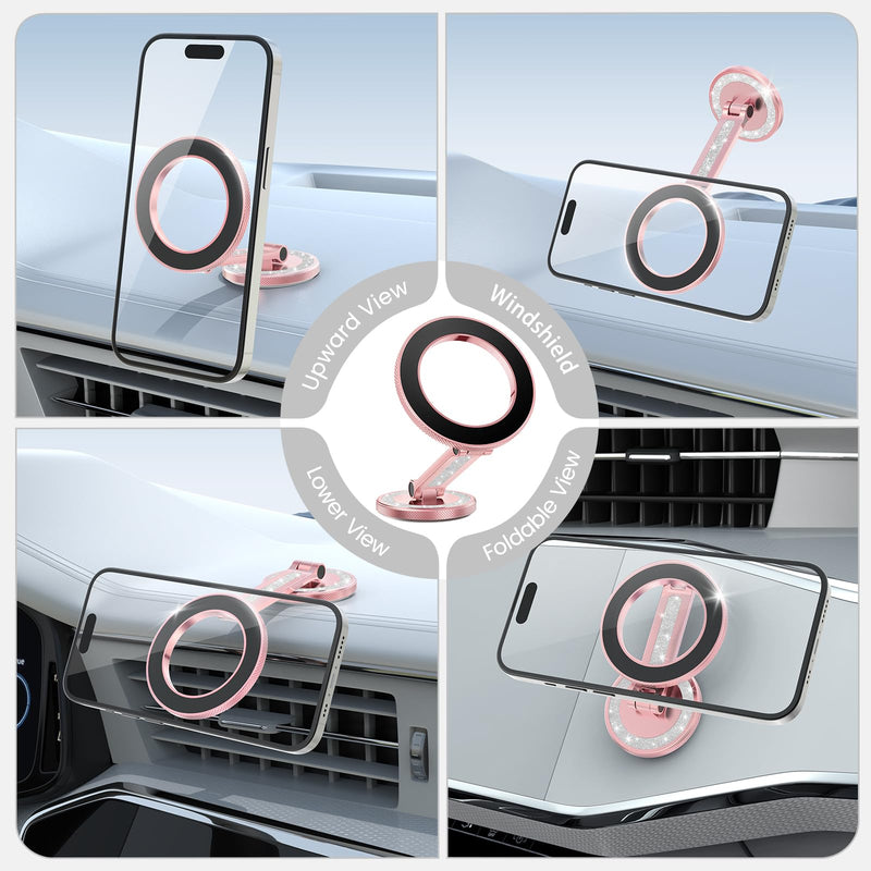 for MagSafe Car Mount, Magnetic Phone Holder for Car, Car Phone Holder for Dashboard and Tesla Screen, Made of Aluminum Alloy. (Glitter Pink) Glitter Pink