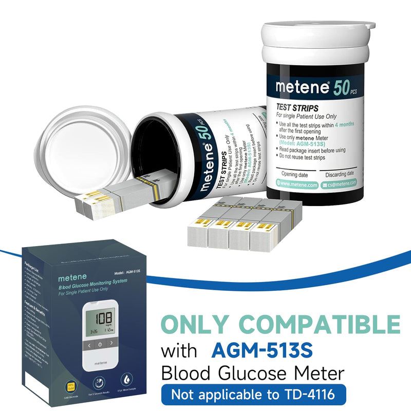 Metene AGM-513S Blood Glucose Test Strips, 100 Count, No Monitor | 100 Count Blood Glucose Test Strips, Use with Metene AGM-513S Blood Glucose Monitoring System Only (No Monitor) 100 Count(Pack of 1)