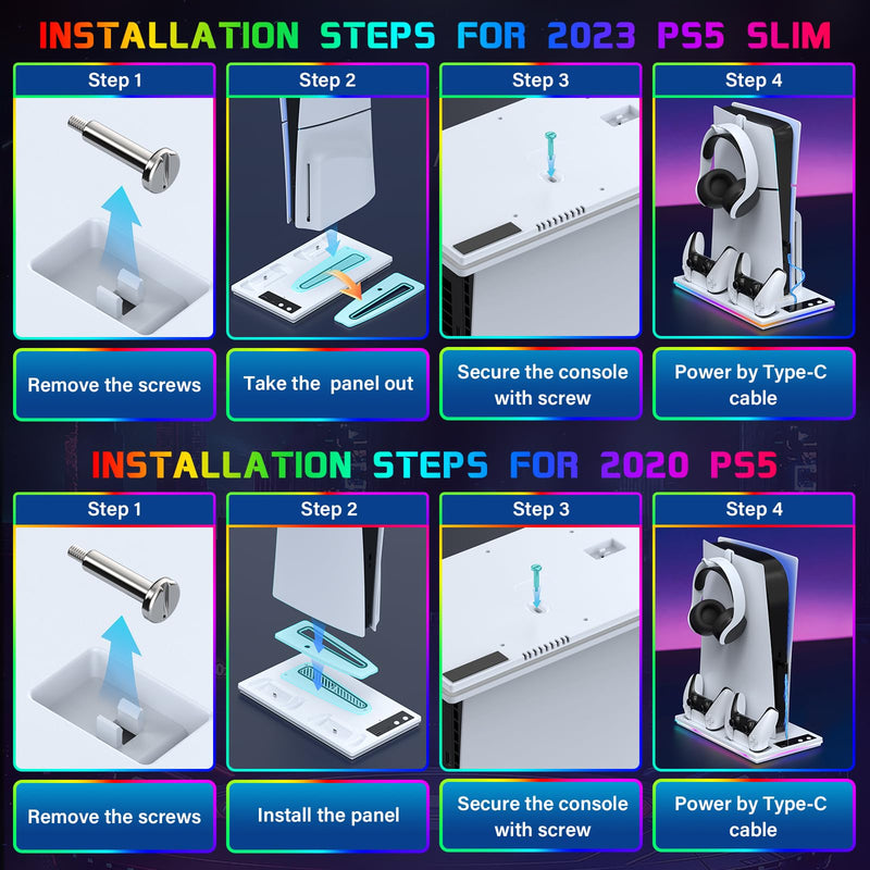 PS5/PS5 Slim Stand and Cooling Station with Controller Charging Station for Playstation 5 Slim&Standard Disc/Digital Console, 10 RGB Light PS5 Cooler Accessories Incl 3 Levels Cooling Fan/USB Hub