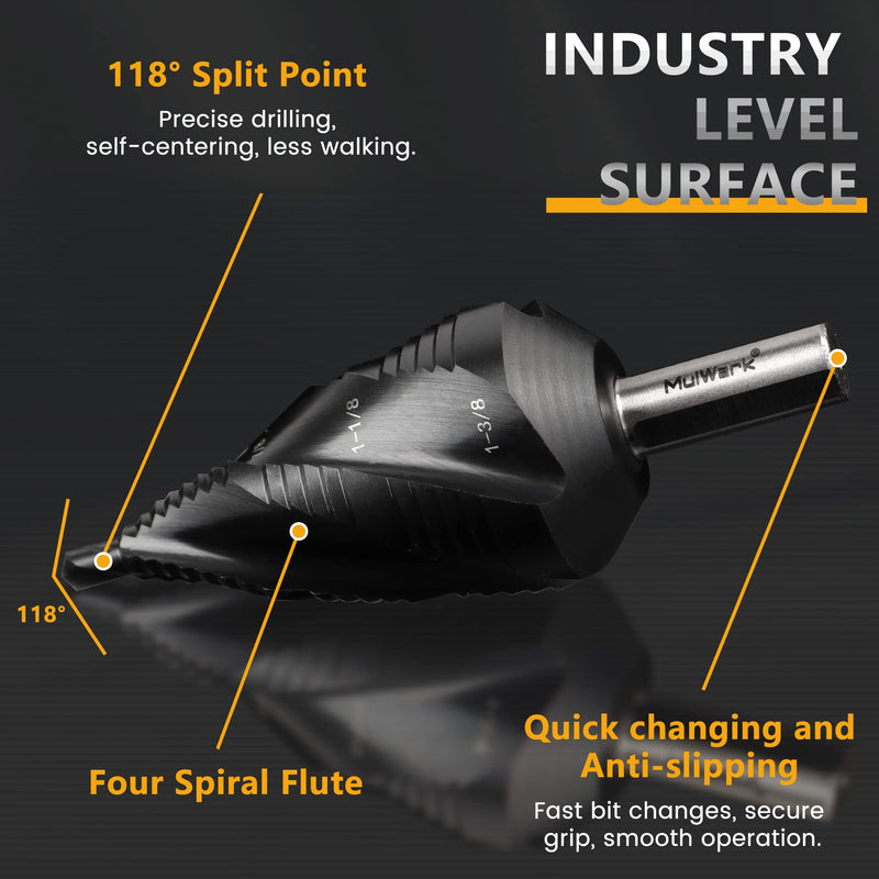 MulWark Four Spiral Flute Cobalt Step Drill Bit 1/4"-1-3/8"
