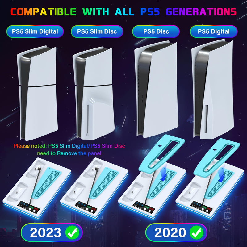 PS5/PS5 Slim Stand and Cooling Station with Controller Charging Station for Playstation 5 Slim&Standard Disc/Digital Console, 10 RGB Light PS5 Cooler Accessories Incl 3 Levels Cooling Fan/USB Hub