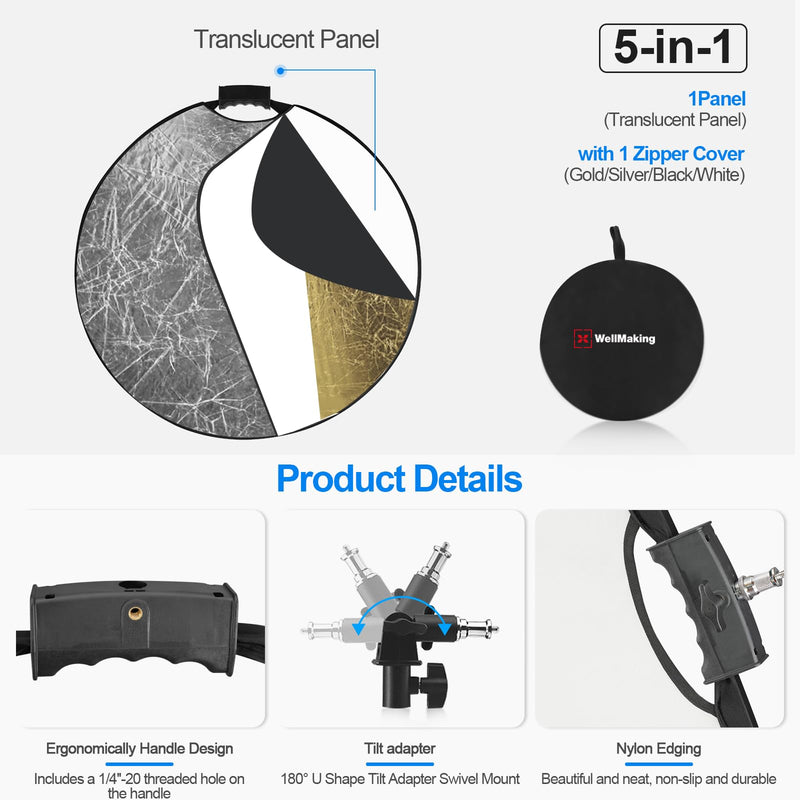 32 Inch (80cm) Photography Reflector, Collapsible Light Reflector with Bag & tilt Adapter, 5 in 1 Handle Reflector for Studio & Outdoor Lighting -Translucent, Silver, Gold, White and Black