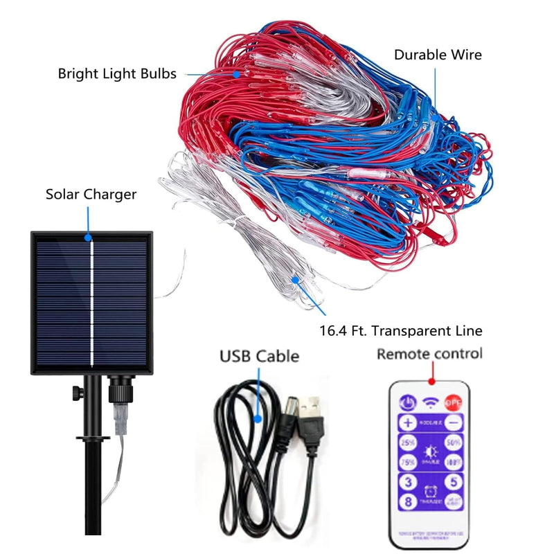 Solar American Flag Lights, 420 LED Waterproof American Flag Net Lights Independence Day Decorations 8 Modes Outdoor String Light for 4th of July Independence Day, Garden, Yard Home Decorations 6.6FT*3.3FT Solar Power+Remote