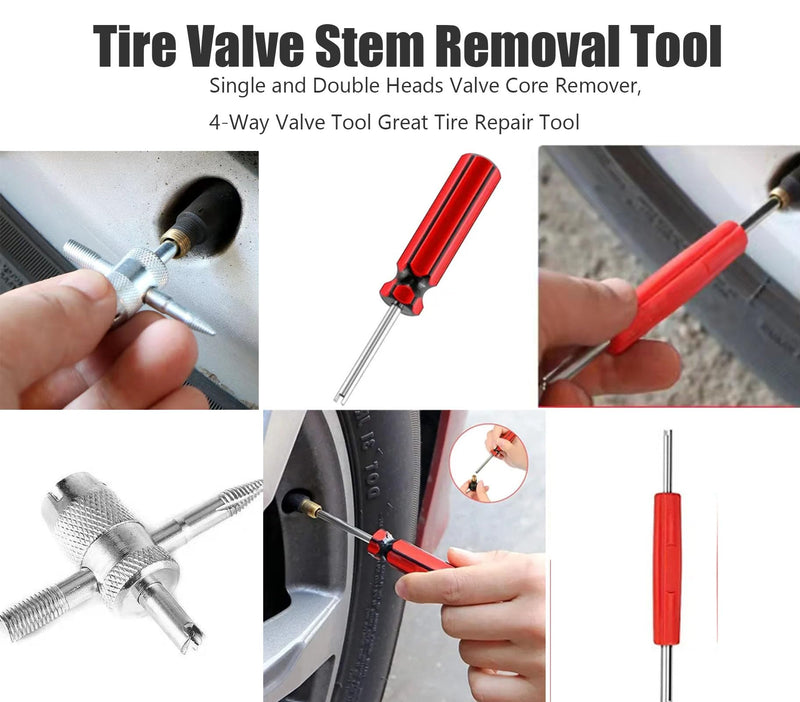 Tire Valve Stem Removal Tool Kit - 4-Way Valve Tool Single and Double Heads Valve Core Remover Tire Repair Stem Tool (6pcs) Tire Valve Stem Removal Tool Kit