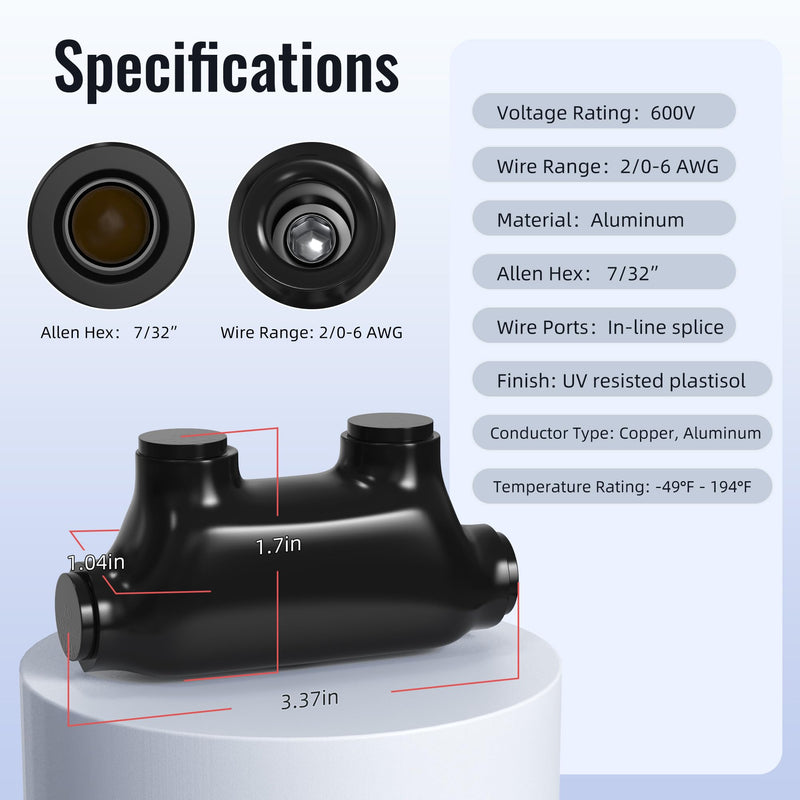 RVBOATPAT Insulated Inline Splice Connector 2/0-6 Gauge Wire Connectors Aluminum to Copper Wire Connectors 3/16" Slotted Allen Hex Insulated Cable Connectors - 5 Pack 2/0-6 AWG