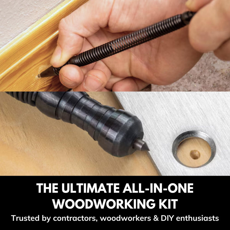 Deluxe Woodworking Kit by HIT Tool – 5-Piece Spring-Loaded Set with Nail Starters, Chisel, Center Punches & Self-Centering Punch – Compact, Hammerless Tools in Carrying Pouch – USA Made, Carbon Steel Deluxe Woodworking Kit
