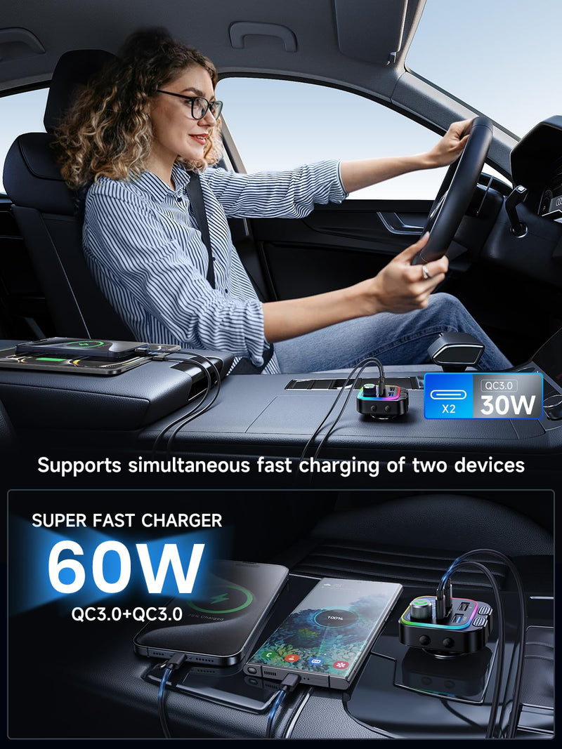 60W Bluetooth 5.4 FM Transmitter Car Adapter [Reinforced Dual Mics & Deep Bass] [Dual PD 60W & QC3.0] Fast Charging Handsfree Calling Wireless Radio Bluetooth Transmitter for Car [Black] Black