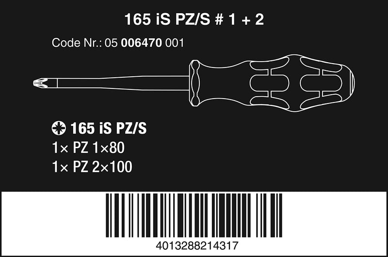 Wera 05006470001 165 iS PZ/S # 1 + 2 Screwdriver set Kraftform Plus series 100. With reduced blade diameter, 2 pieces One Size